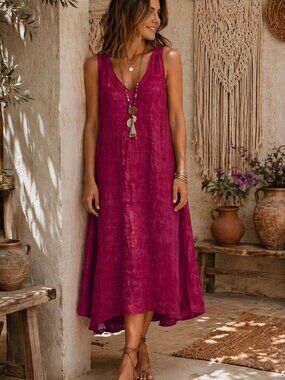 Womens Italian Linen Tank Dress Pink Sleeveless Minimalist Midi Relaxed Pink